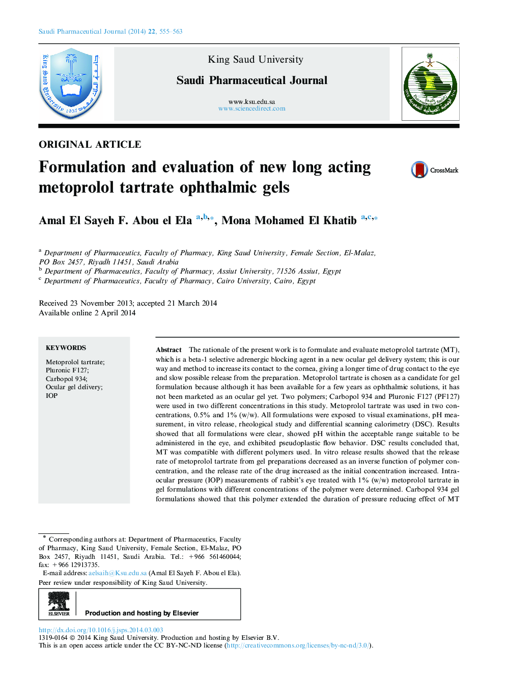 Formulation and evaluation of new long acting metoprolol tartrate ophthalmic gels 