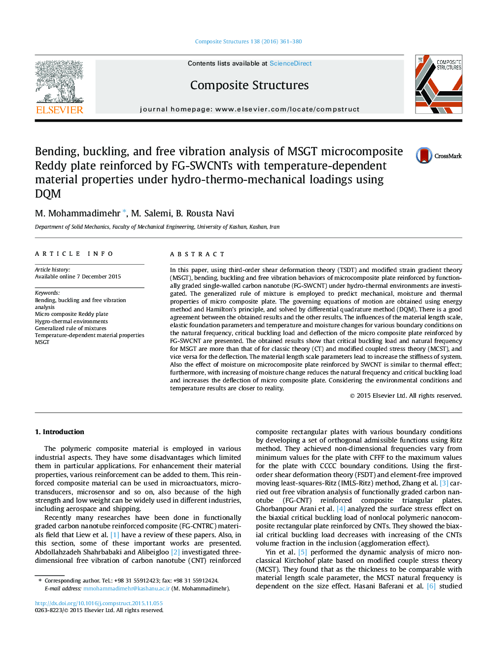 Bending, buckling, and free vibration analysis of MSGT microcomposite Reddy plate reinforced by FG-SWCNTs with temperature-dependent material properties under hydro-thermo-mechanical loadings using DQM