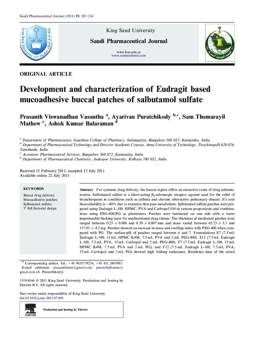 Development and characterization of Eudragit based mucoadhesive buccal patches of salbutamol sulfate