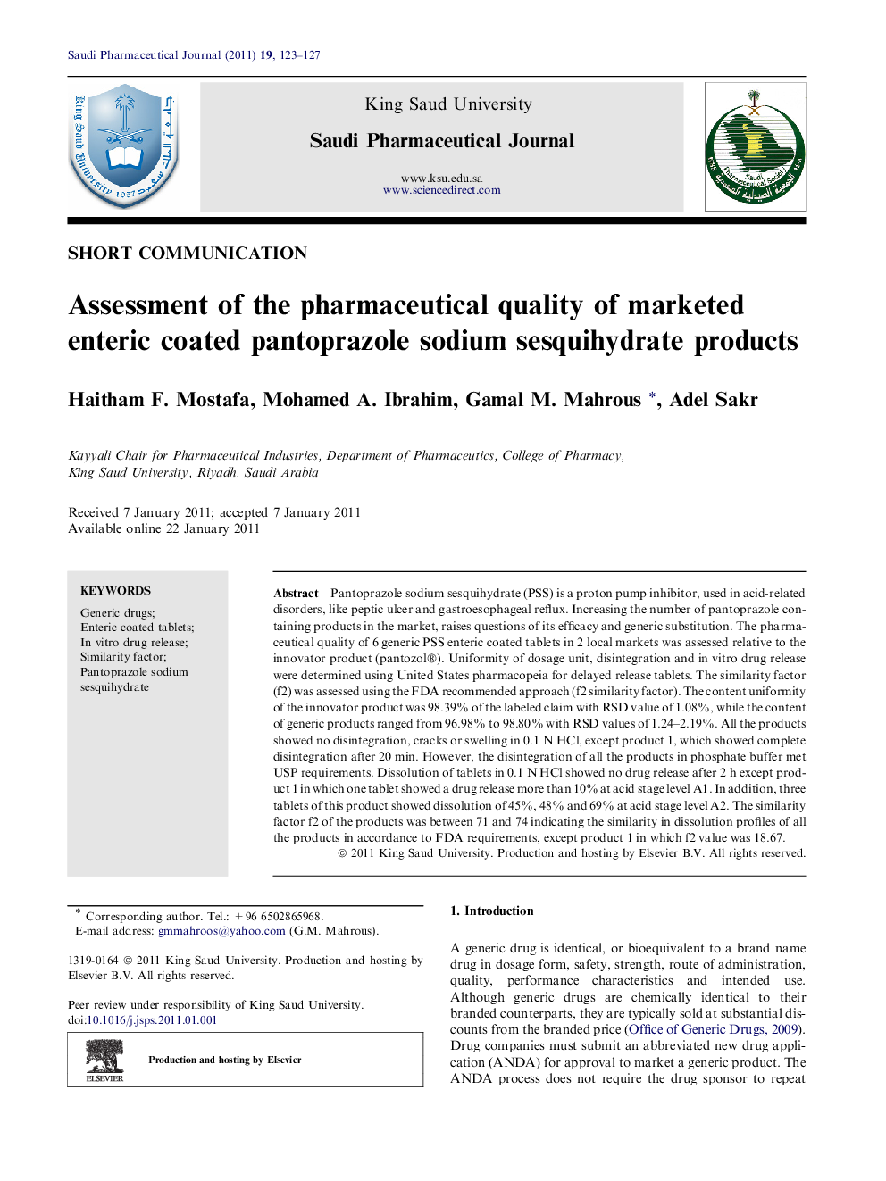 عکس صفحه اول مقاله: Assessment of the pharmaceutical quality of marketed enteric coated pantoprazole sodium sesquihydrate products Assessment of the pharmaceutical quality of marketed enteric coated pantoprazole sodium sesquihydrate products