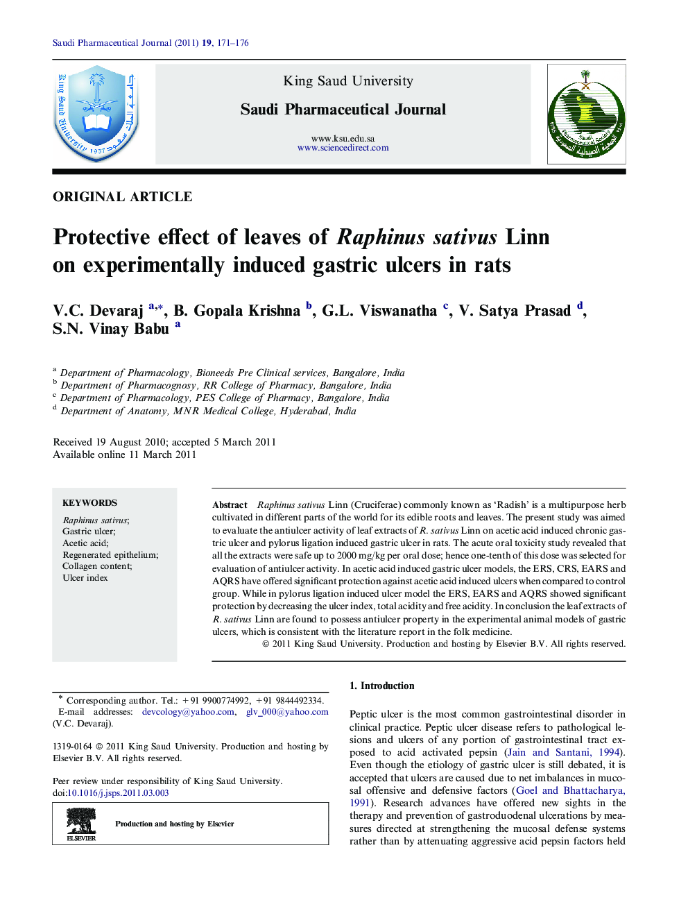 Protective effect of leaves of Raphinus sativus Linn on experimentally induced gastric ulcers in rats