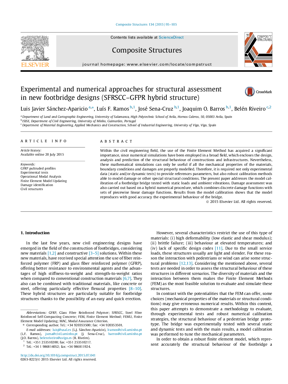 Experimental and numerical approaches for structural assessment in new footbridge designs (SFRSCC–GFPR hybrid structure)