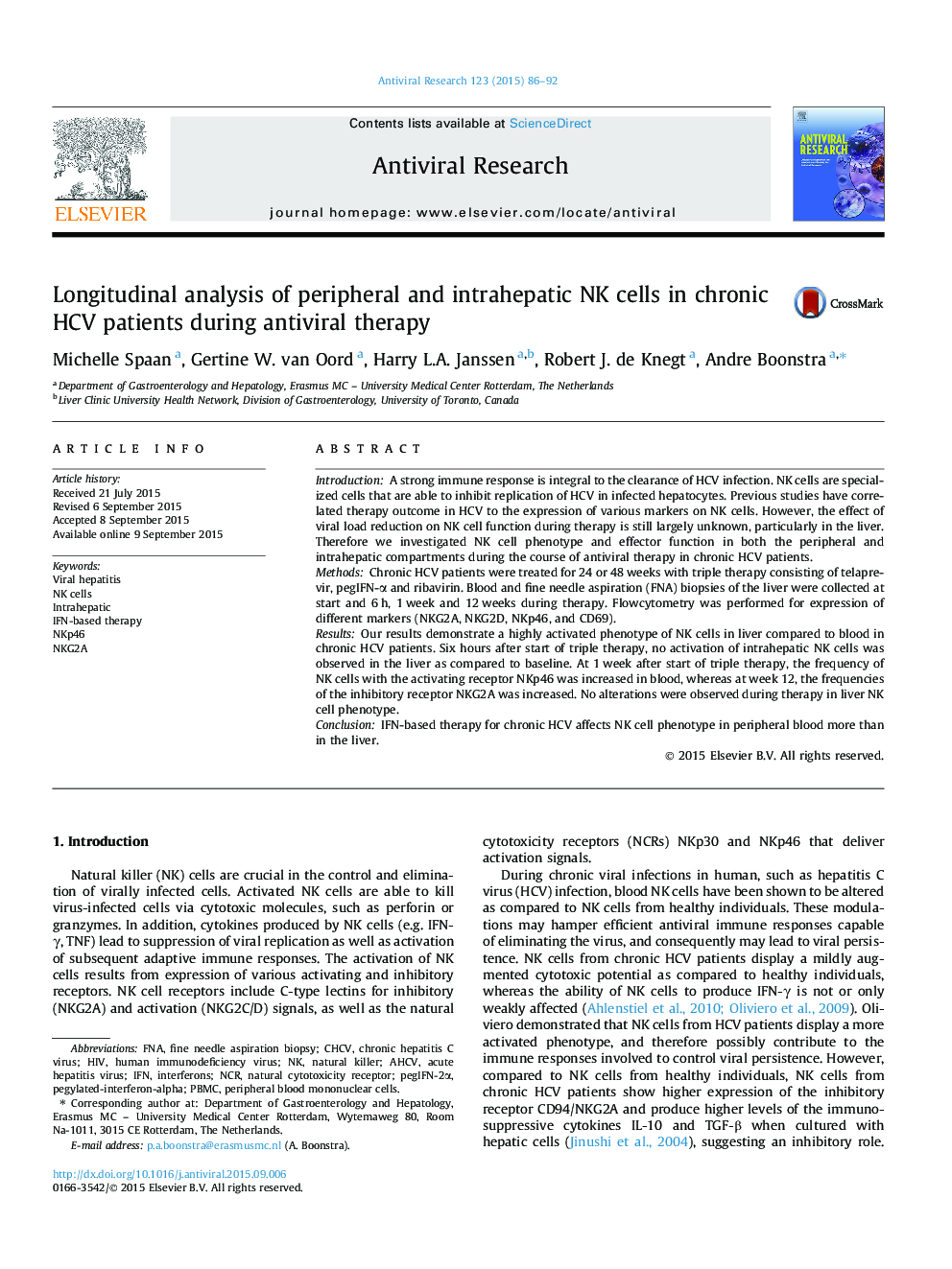 Longitudinal analysis of peripheral and intrahepatic NK cells in chronic HCV patients during antiviral therapy