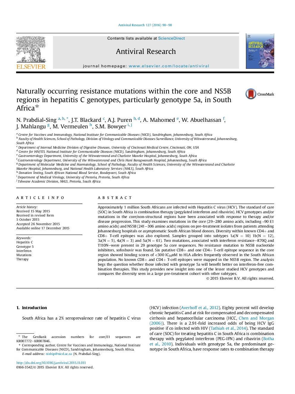 Naturally occurring resistance mutations within the core and NS5B regions in hepatitis C genotypes, particularly genotype 5a, in South Africa 