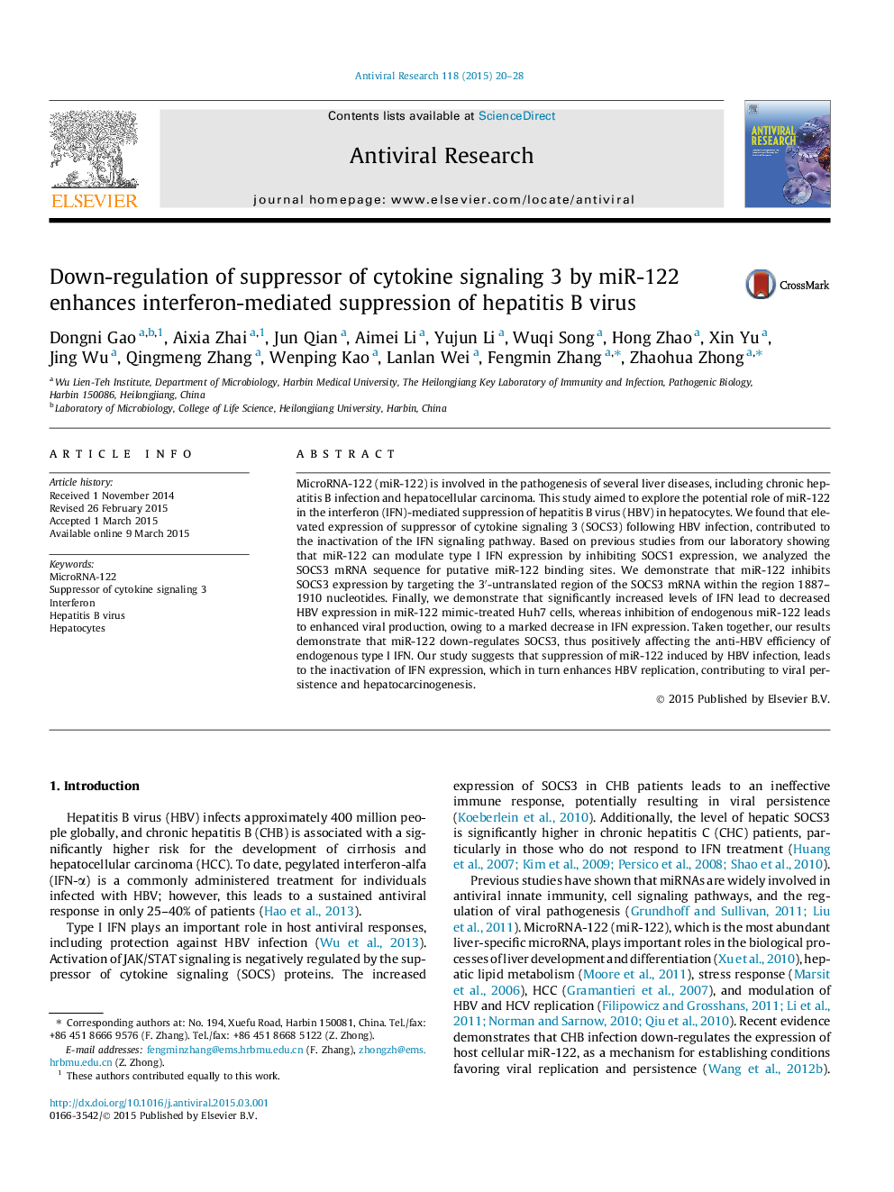 Down-regulation of suppressor of cytokine signaling 3 by miR-122 enhances interferon-mediated suppression of hepatitis B virus