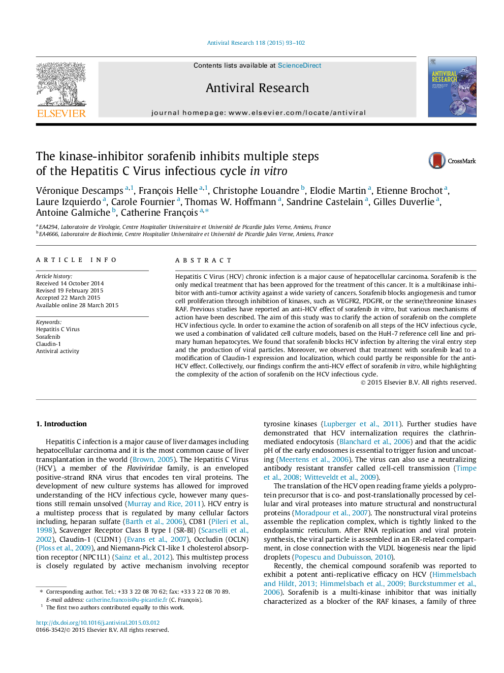 The kinase-inhibitor sorafenib inhibits multiple steps of the Hepatitis C Virus infectious cycle in vitro