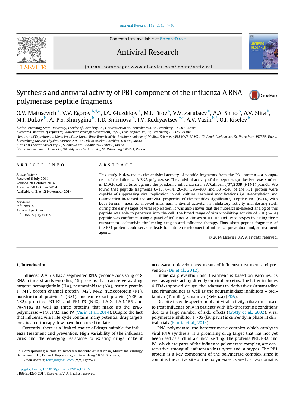 Synthesis and antiviral activity of PB1 component of the influenza A RNA polymerase peptide fragments