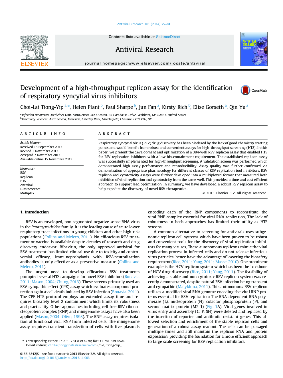 Development of a high-throughput replicon assay for the identification of respiratory syncytial virus inhibitors