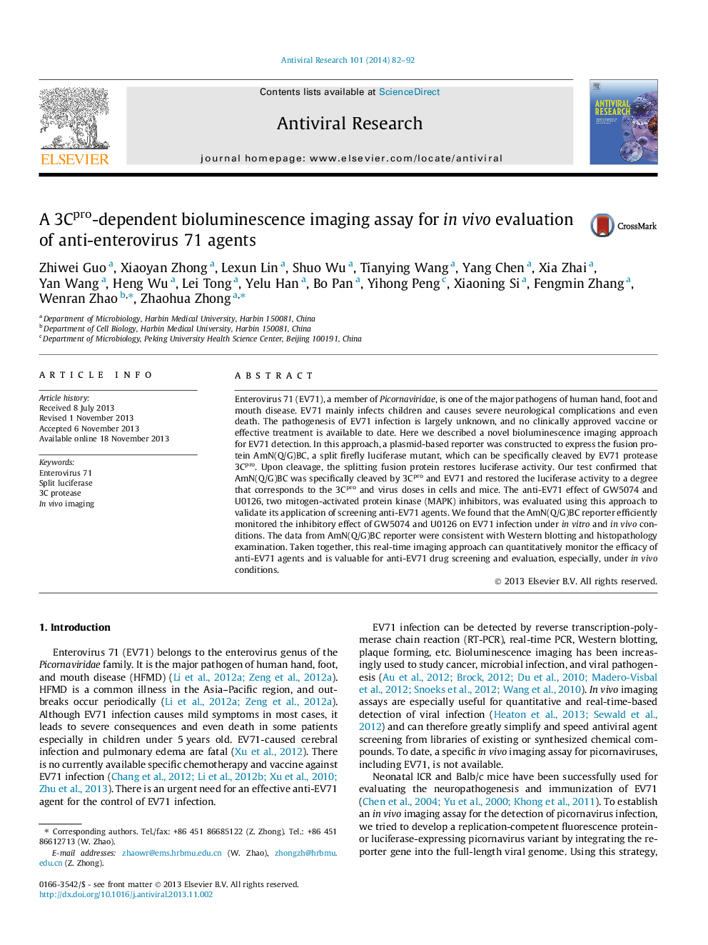 A 3Cpro-dependent bioluminescence imaging assay for in vivo evaluation of anti-enterovirus 71 agents