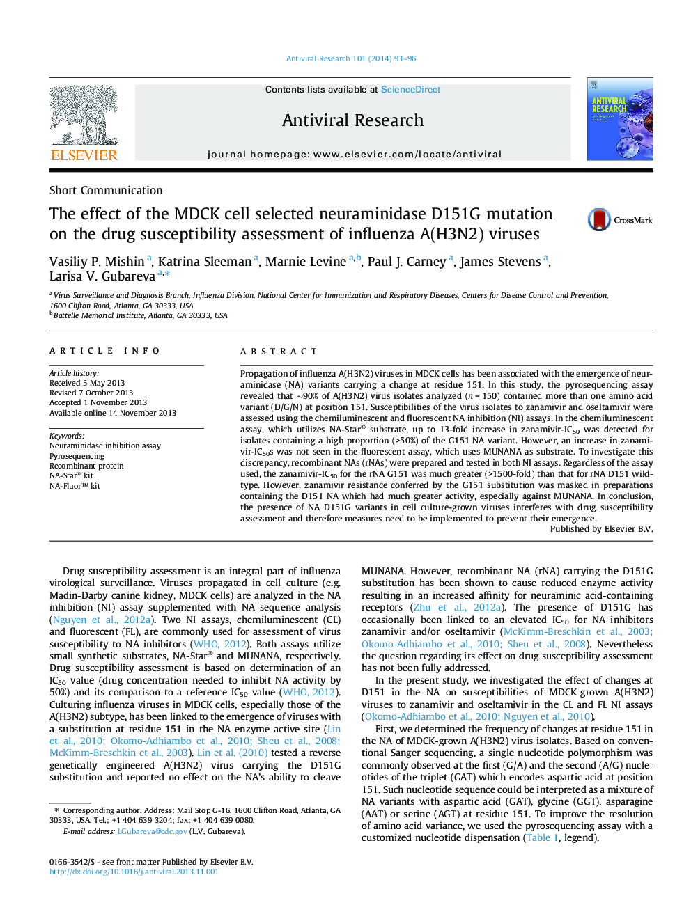 The effect of the MDCK cell selected neuraminidase D151G mutation on the drug susceptibility assessment of influenza A(H3N2) viruses