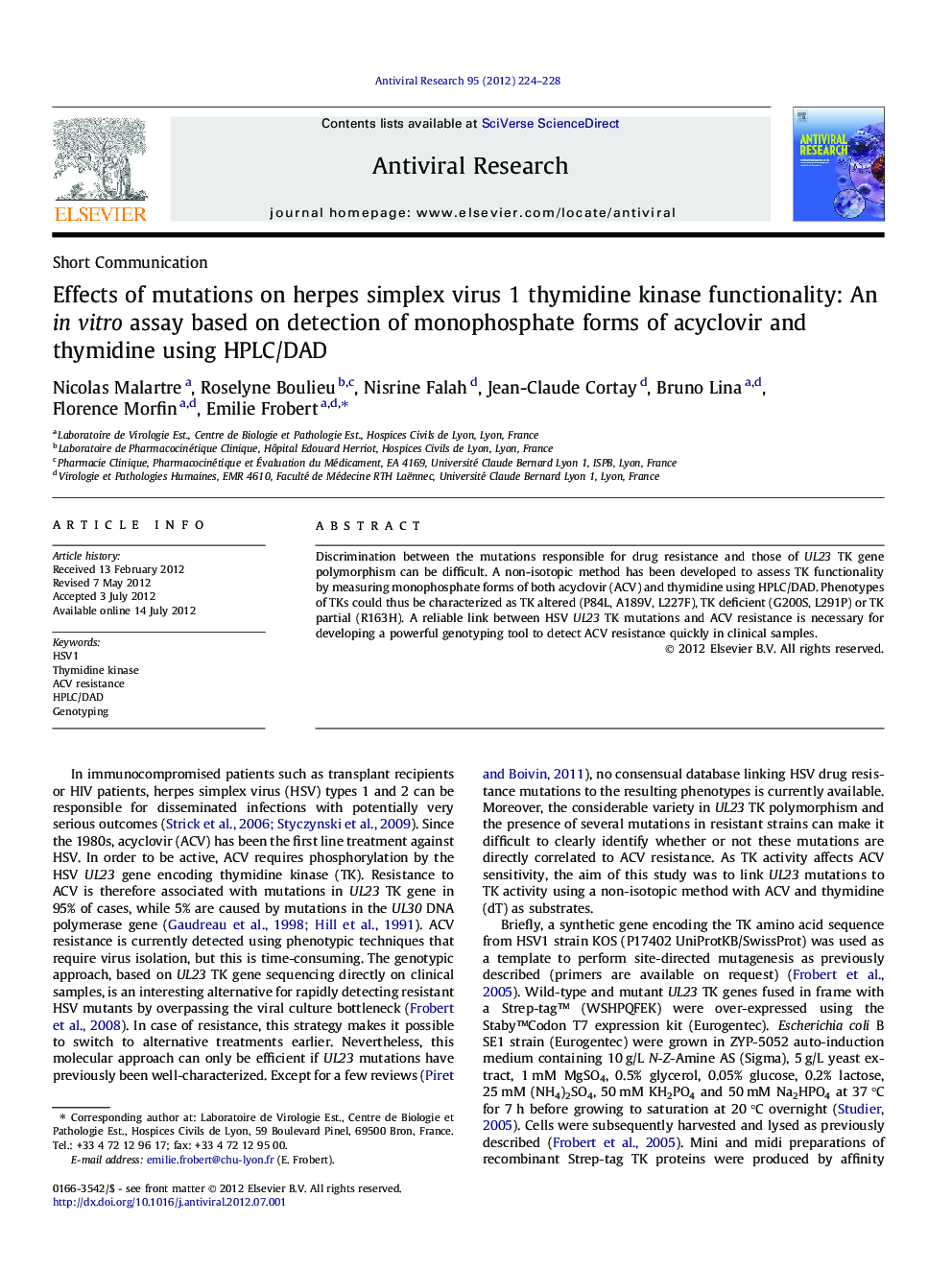 Effects of mutations on herpes simplex virus 1 thymidine kinase functionality: An in vitro assay based on detection of monophosphate forms of acyclovir and thymidine using HPLC/DAD