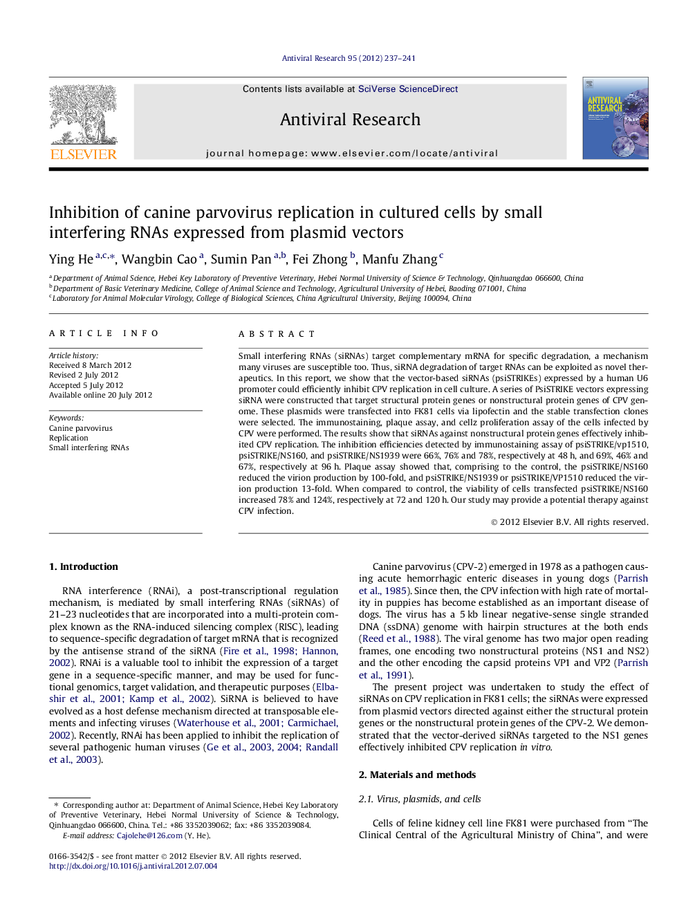 Inhibition of canine parvovirus replication in cultured cells by small interfering RNAs expressed from plasmid vectors