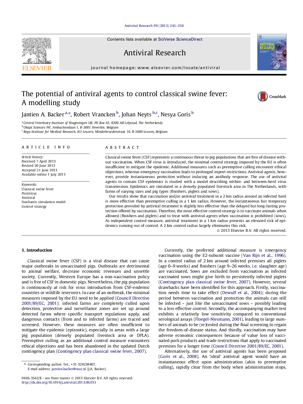 The potential of antiviral agents to control classical swine fever: A modelling study