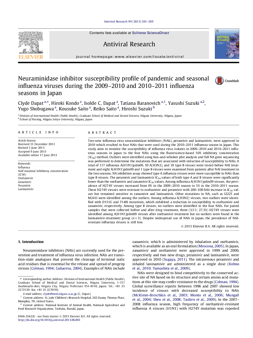 عکس صفحه اول مقاله: Neuraminidase inhibitor susceptibility profile of pandemic and seasonal influenza viruses during the 2009–2010 and 2010–2011 influenza seasons in Japan Neuraminidase inhibitor susceptibility profile of pandemic and seasonal influenza viruses during the 2009–2010 and 2010–2011 influenza seasons in Japan
