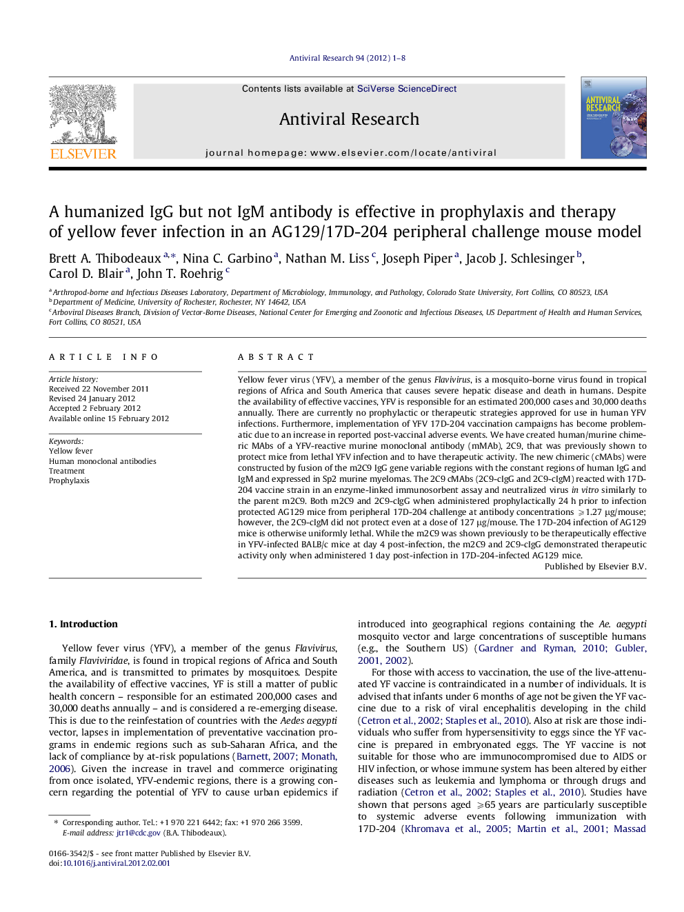 A humanized IgG but not IgM antibody is effective in prophylaxis and therapy of yellow fever infection in an AG129/17D-204 peripheral challenge mouse model