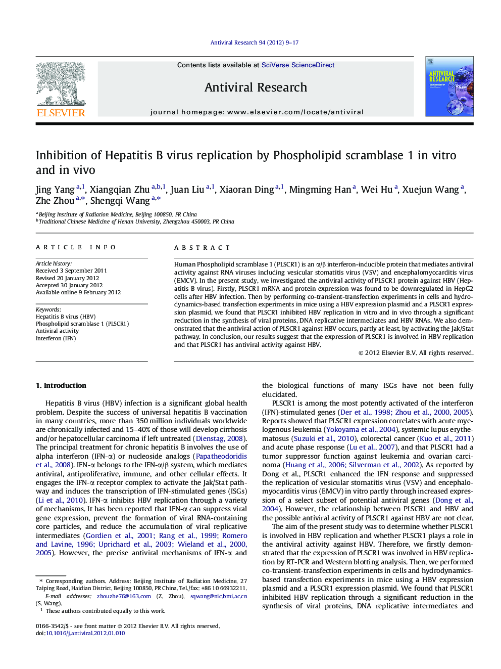 Inhibition of Hepatitis B virus replication by Phospholipid scramblase 1 in vitro and in vivo