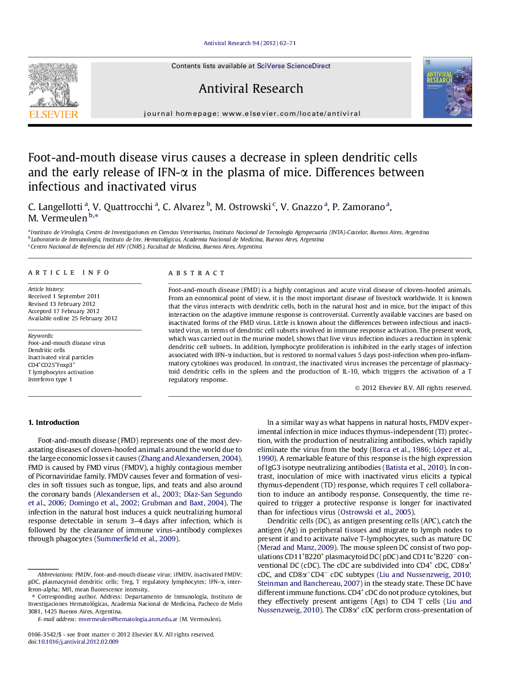 Foot-and-mouth disease virus causes a decrease in spleen dendritic cells and the early release of IFN-α in the plasma of mice. Differences between infectious and inactivated virus