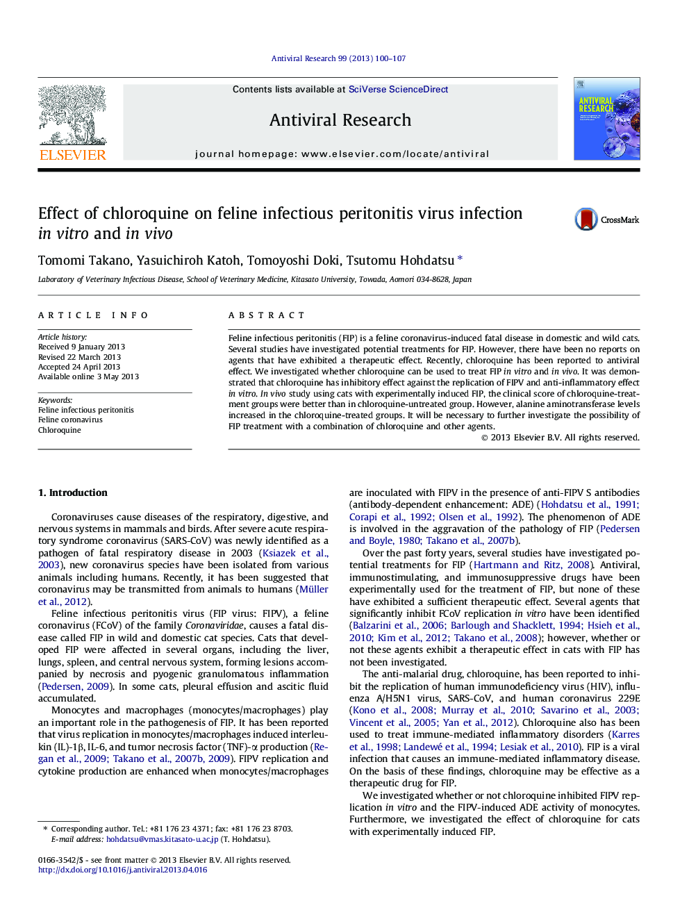 Effect of chloroquine on feline infectious peritonitis virus infection in vitro and in vivo