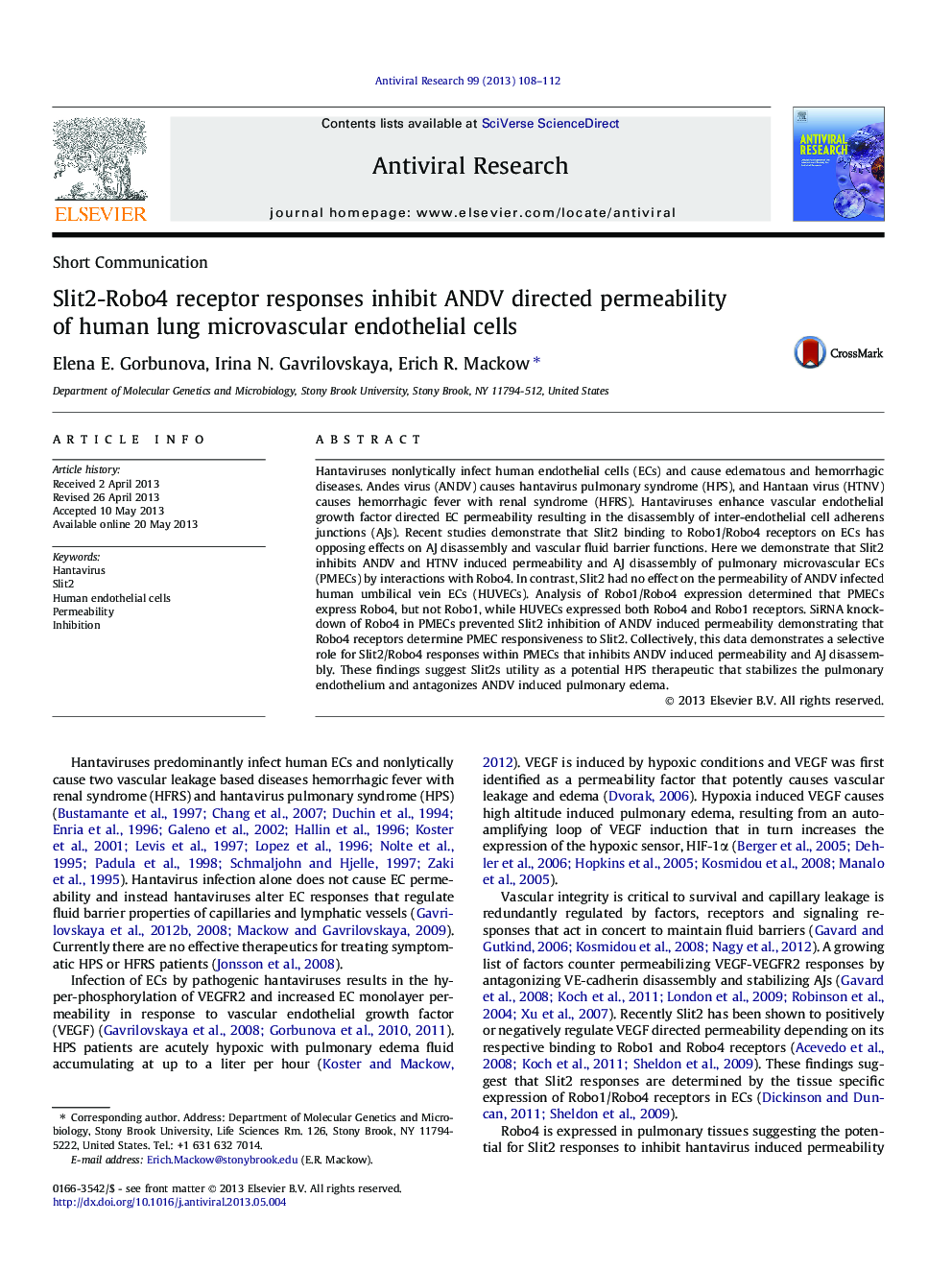 Slit2-Robo4 receptor responses inhibit ANDV directed permeability of human lung microvascular endothelial cells