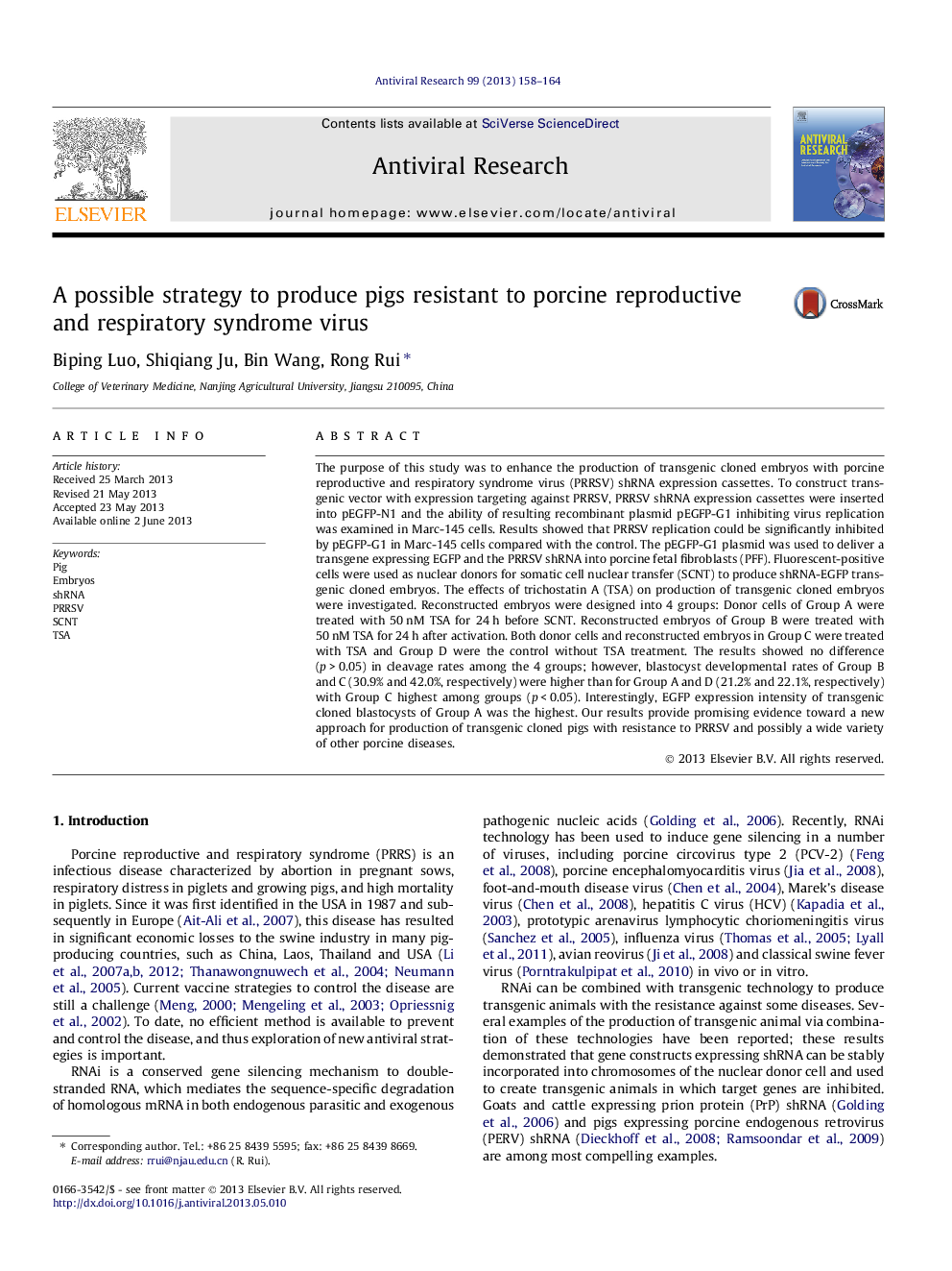 A possible strategy to produce pigs resistant to porcine reproductive and respiratory syndrome virus