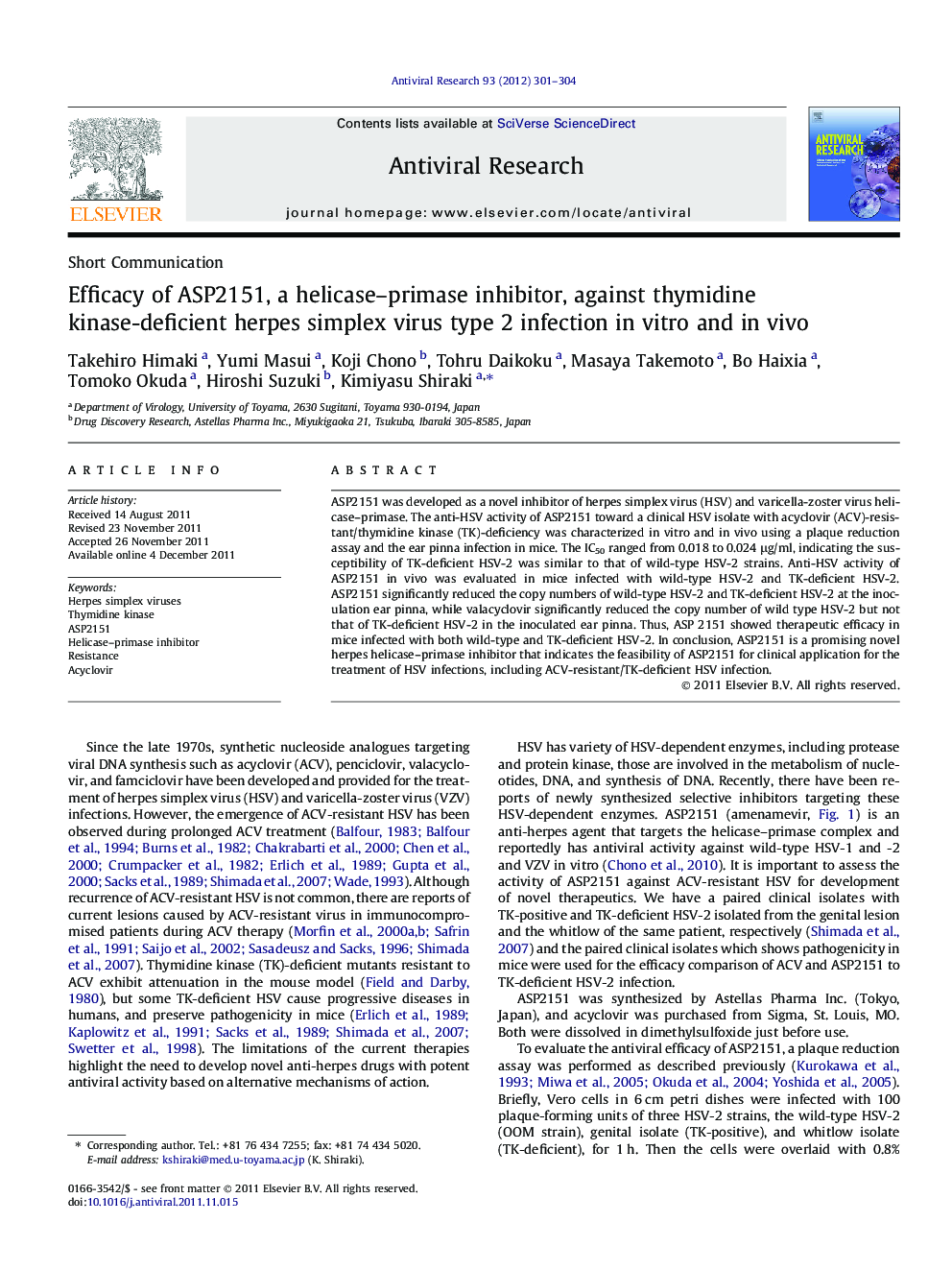 Efficacy of ASP2151, a helicase–primase inhibitor, against thymidine kinase-deficient herpes simplex virus type 2 infection in vitro and in vivo