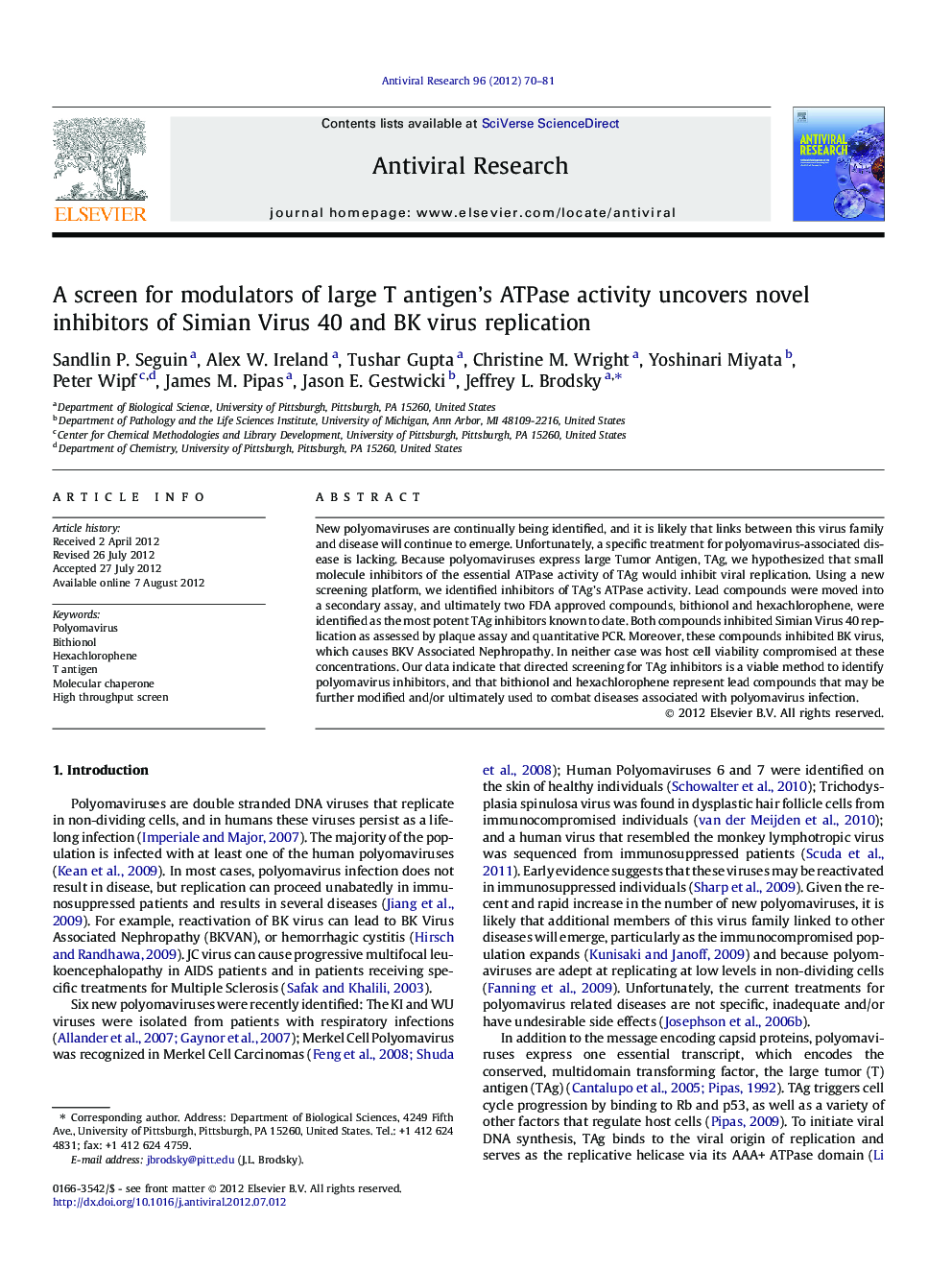 A screen for modulators of large T antigen’s ATPase activity uncovers novel inhibitors of Simian Virus 40 and BK virus replication