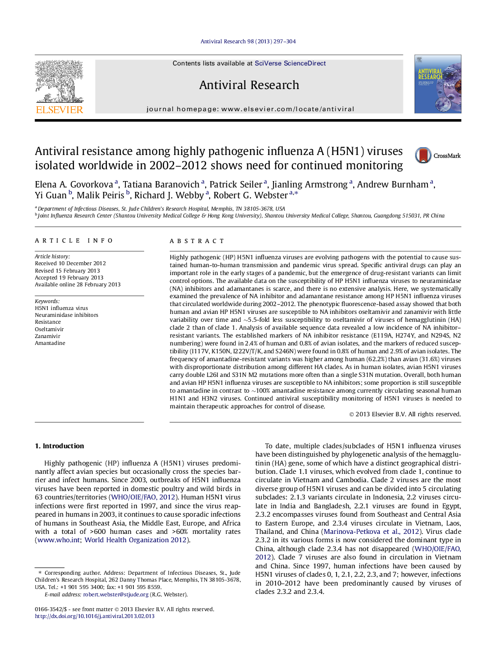 Antiviral resistance among highly pathogenic influenza A (H5N1) viruses isolated worldwide in 2002–2012 shows need for continued monitoring