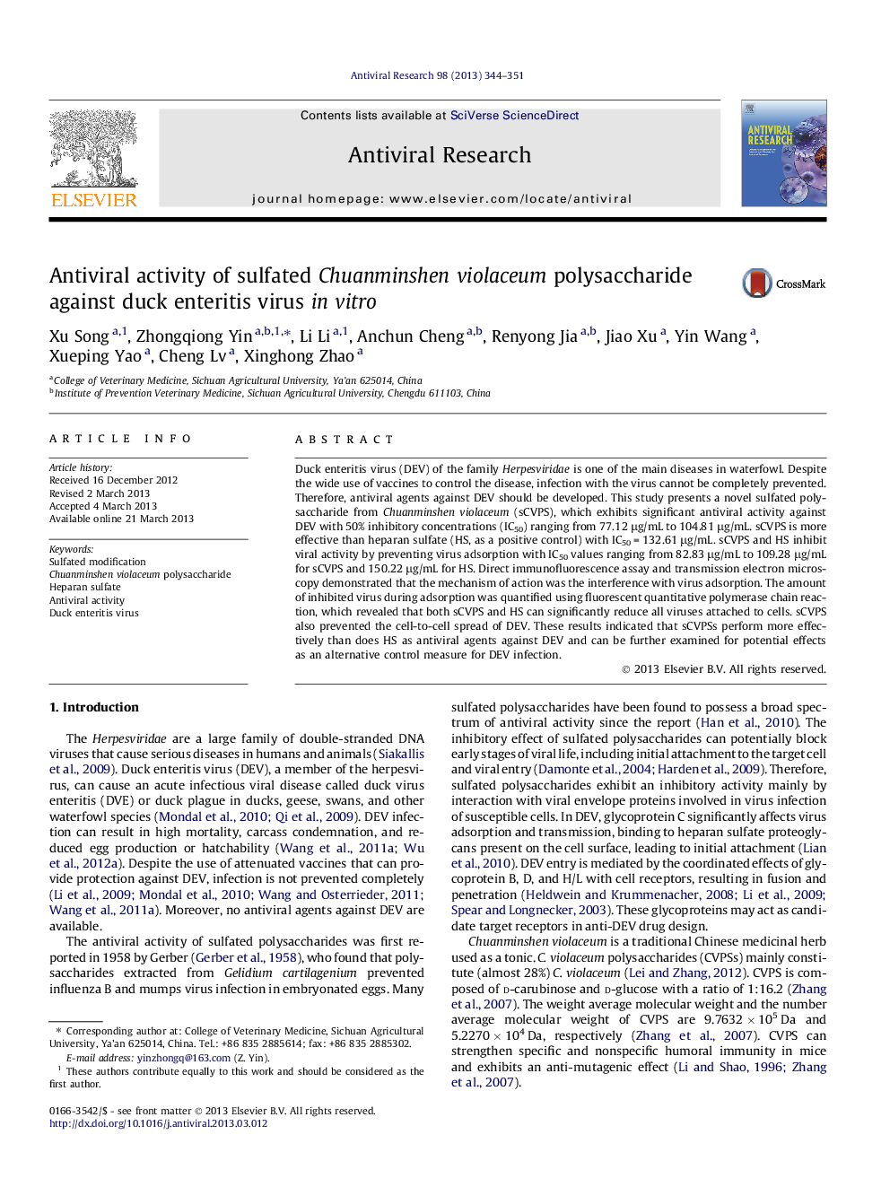 Antiviral activity of sulfated Chuanminshen violaceum polysaccharide against duck enteritis virus in vitro