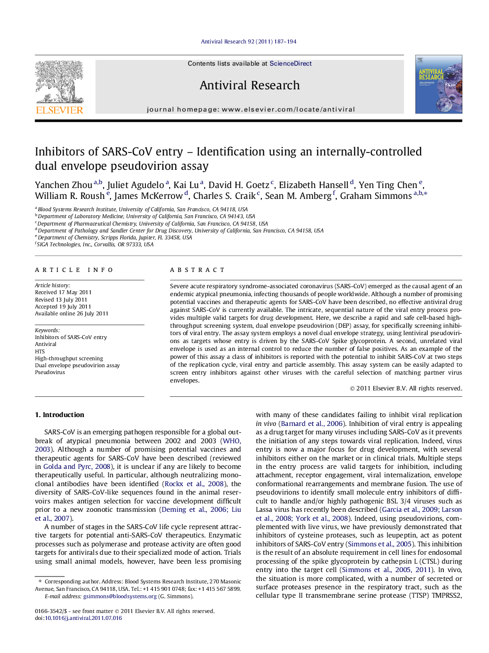 Inhibitors of SARS-CoV entry – Identification using an internally-controlled dual envelope pseudovirion assay