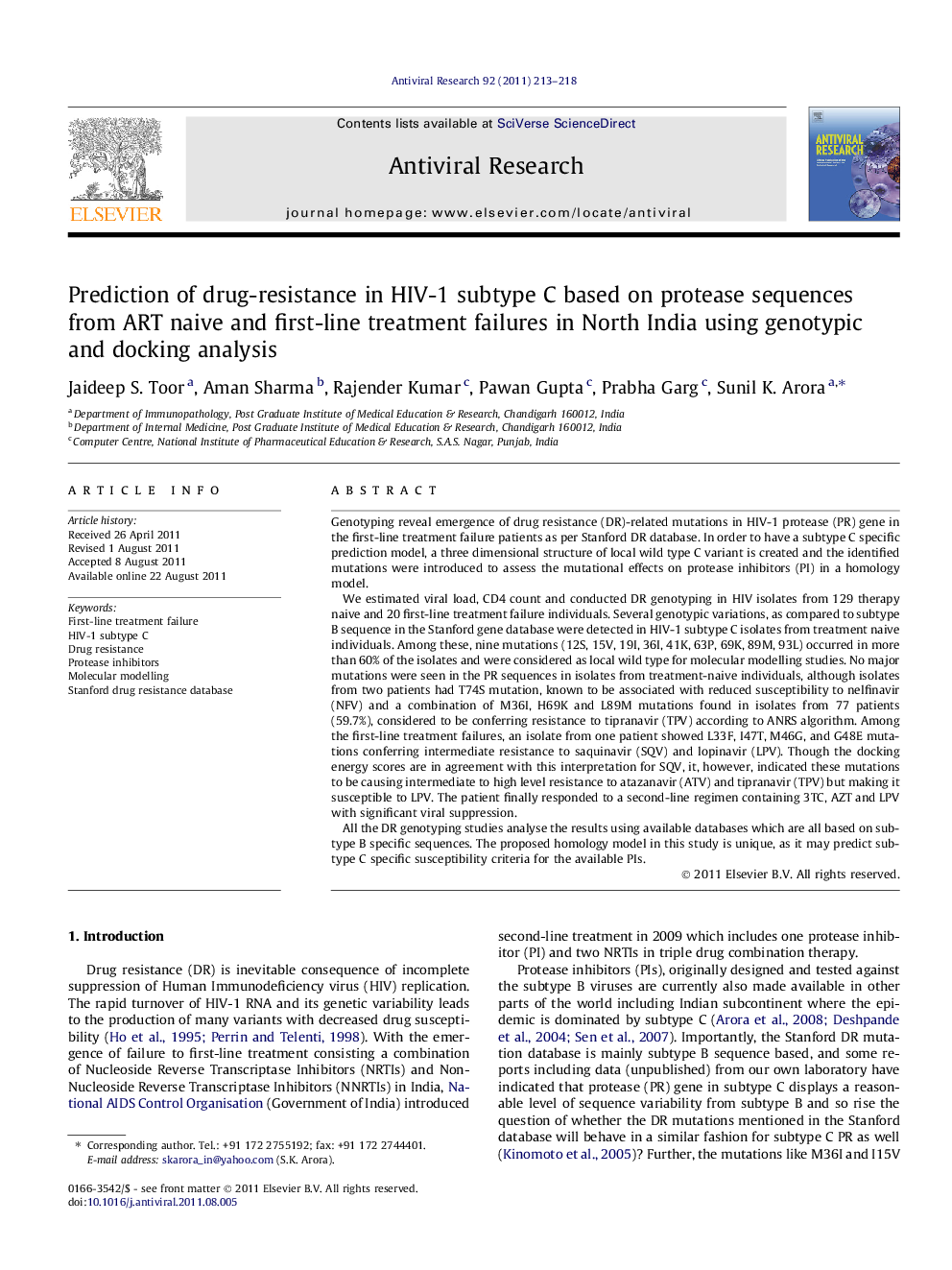 Prediction of drug-resistance in HIV-1 subtype C based on protease sequences from ART naive and first-line treatment failures in North India using genotypic and docking analysis