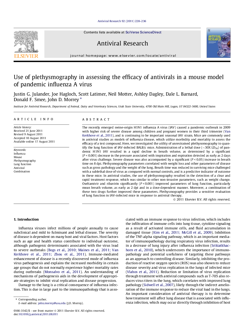 Use of plethysmography in assessing the efficacy of antivirals in a mouse model of pandemic influenza A virus