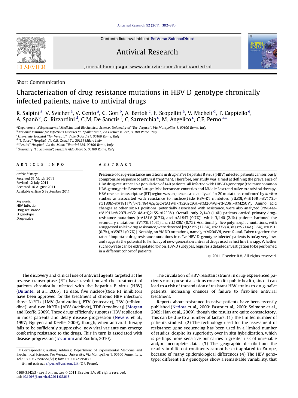 Characterization of drug-resistance mutations in HBV D-genotype chronically infected patients, naïve to antiviral drugs