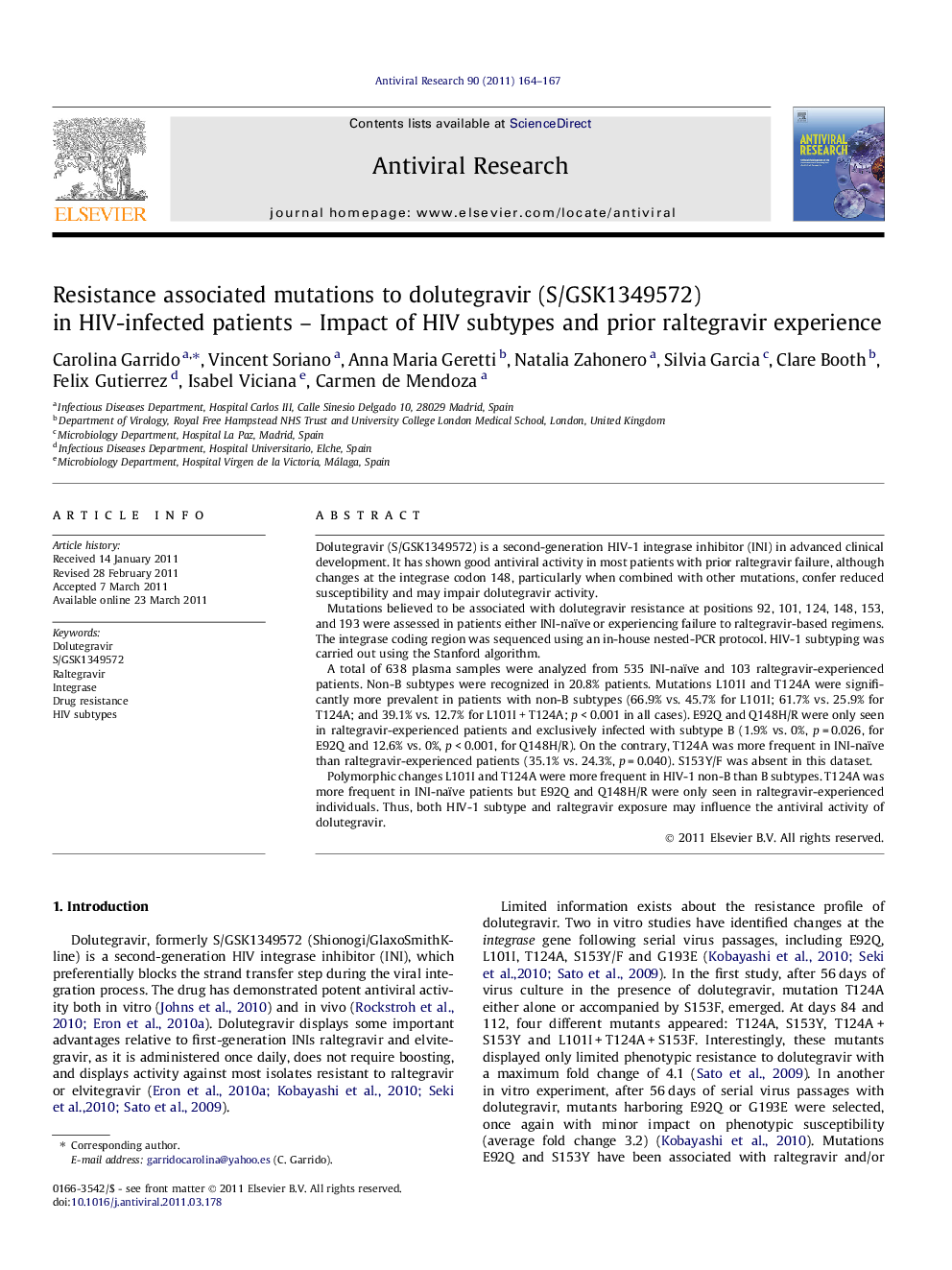 Resistance associated mutations to dolutegravir (S/GSK1349572) in HIV-infected patients – Impact of HIV subtypes and prior raltegravir experience