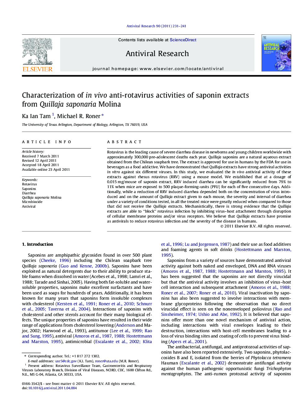 Characterization of in vivo anti-rotavirus activities of saponin extracts from Quillaja saponaria Molina