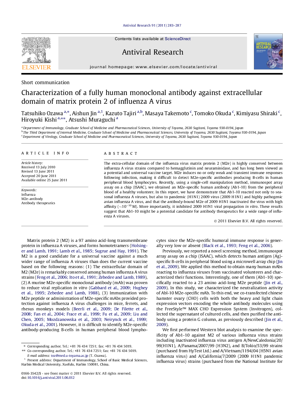 Characterization of a fully human monoclonal antibody against extracellular domain of matrix protein 2 of influenza A virus