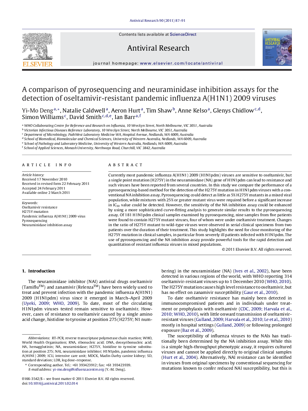 A comparison of pyrosequencing and neuraminidase inhibition assays for the detection of oseltamivir-resistant pandemic influenza A(H1N1) 2009 viruses