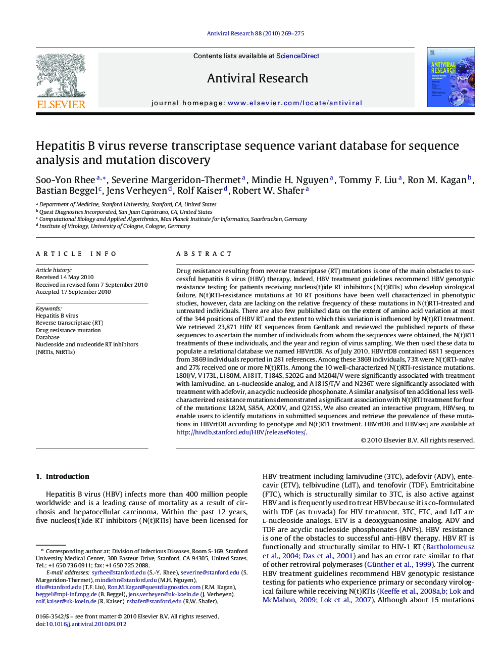 Hepatitis B virus reverse transcriptase sequence variant database for sequence analysis and mutation discovery