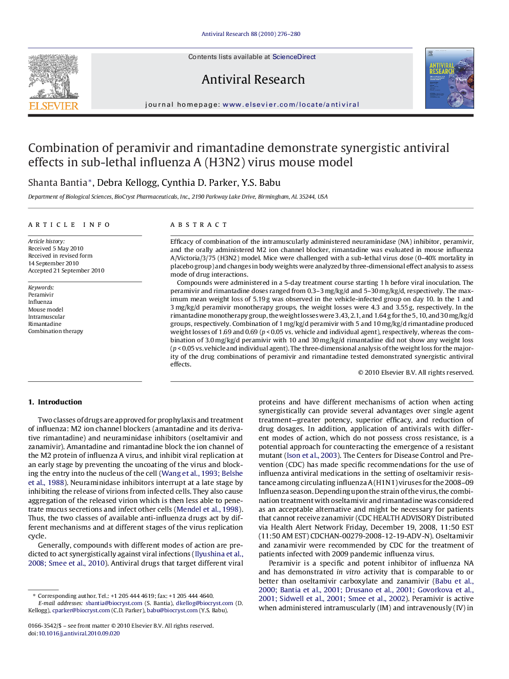 Combination of peramivir and rimantadine demonstrate synergistic antiviral effects in sub-lethal influenza A (H3N2) virus mouse model