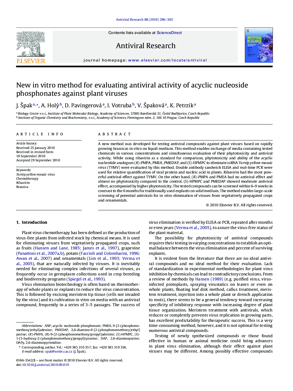 عکس صفحه اول مقاله: New in vitro method for evaluating antiviral activity of acyclic nucleoside phosphonates against plant viruses New in vitro method for evaluating antiviral activity of acyclic nucleoside phosphonates against plant viruses