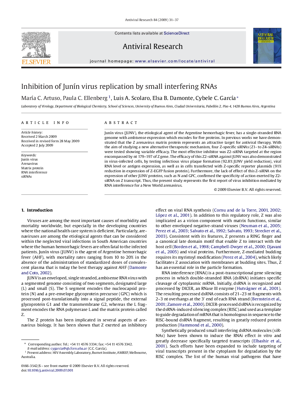 عکس صفحه اول مقاله: Inhibition of Junín virus replication by small interfering RNAs Inhibition of Junín virus replication by small interfering RNAs