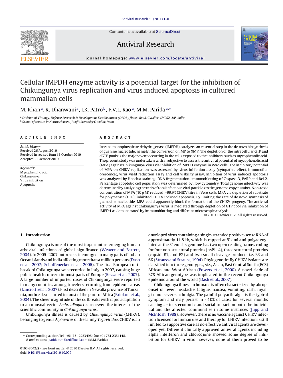 Cellular IMPDH enzyme activity is a potential target for the inhibition of Chikungunya virus replication and virus induced apoptosis in cultured mammalian cells