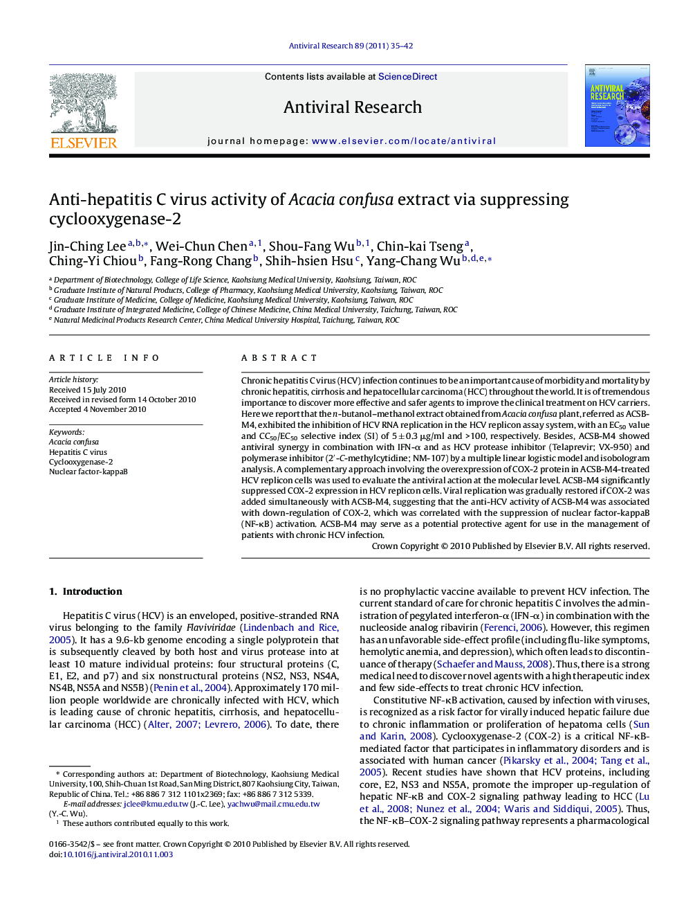 Anti-hepatitis C virus activity of Acacia confusa extract via suppressing cyclooxygenase-2