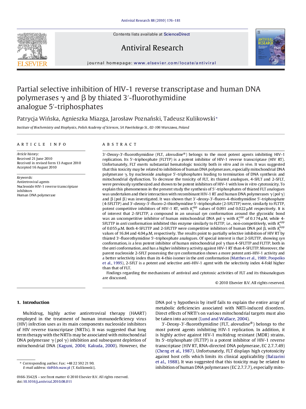 Partial selective inhibition of HIV-1 reverse transcriptase and human DNA polymerases γ and β by thiated 3′-fluorothymidine analogue 5′-triphosphates