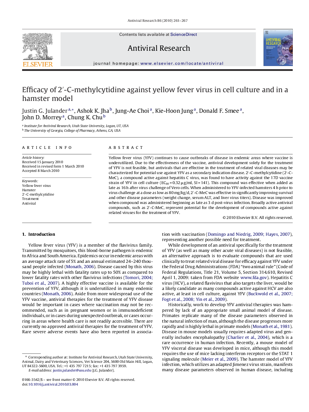 Efficacy of 2′-C-methylcytidine against yellow fever virus in cell culture and in a hamster model