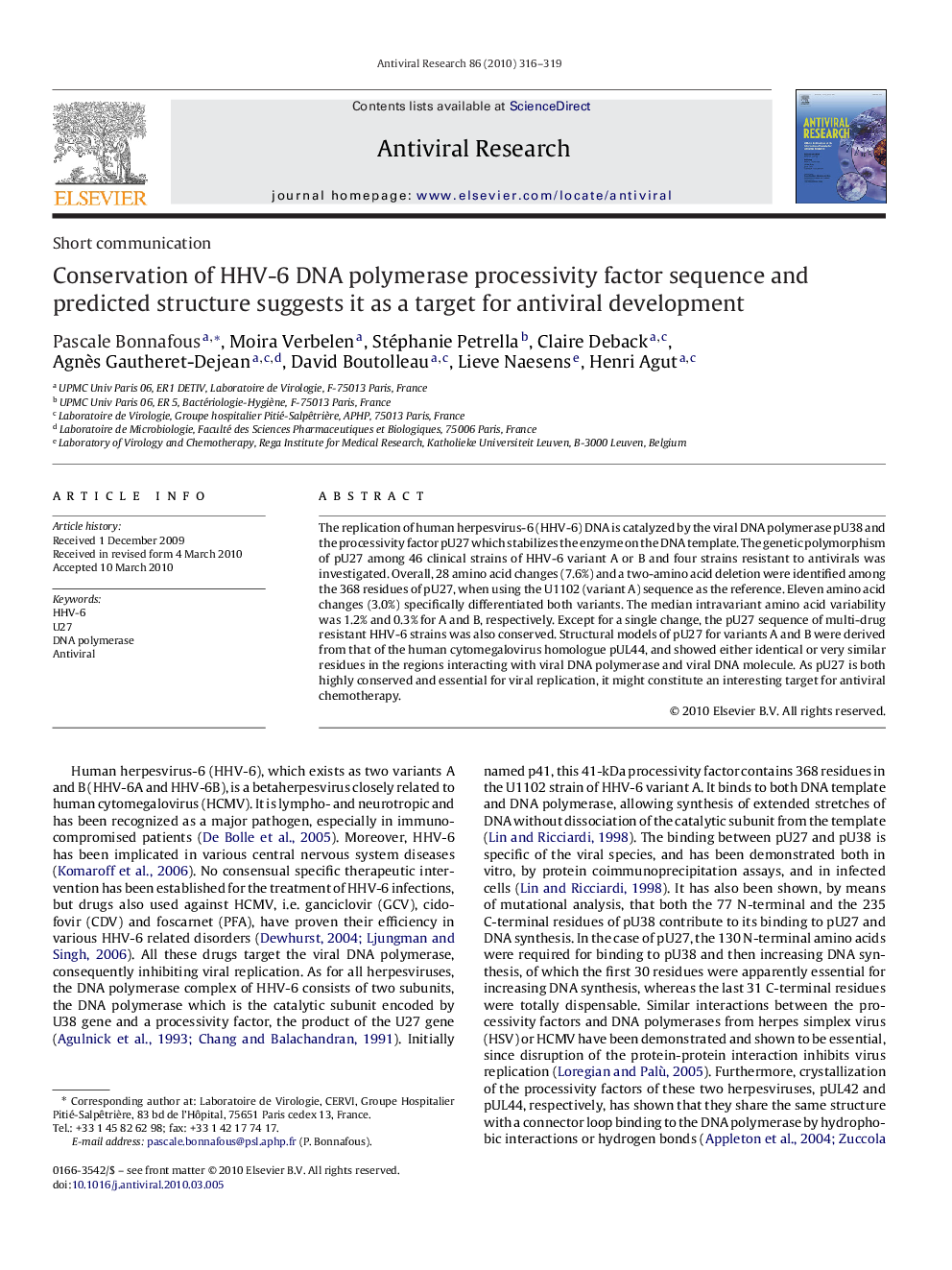 Conservation of HHV-6 DNA polymerase processivity factor sequence and predicted structure suggests it as a target for antiviral development