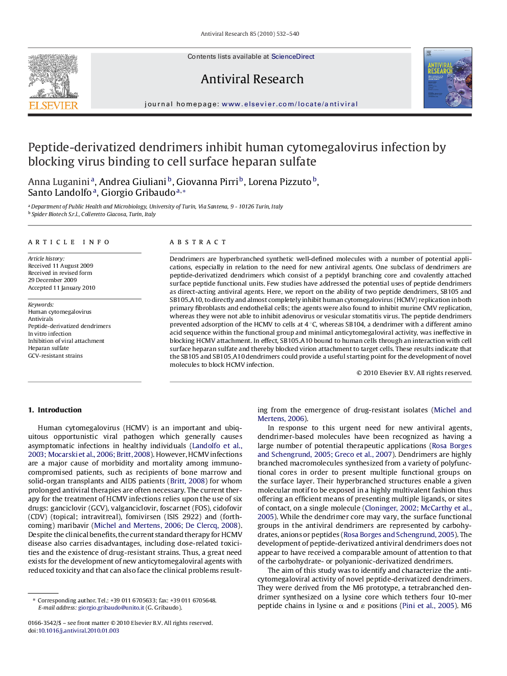 Peptide-derivatized dendrimers inhibit human cytomegalovirus infection by blocking virus binding to cell surface heparan sulfate