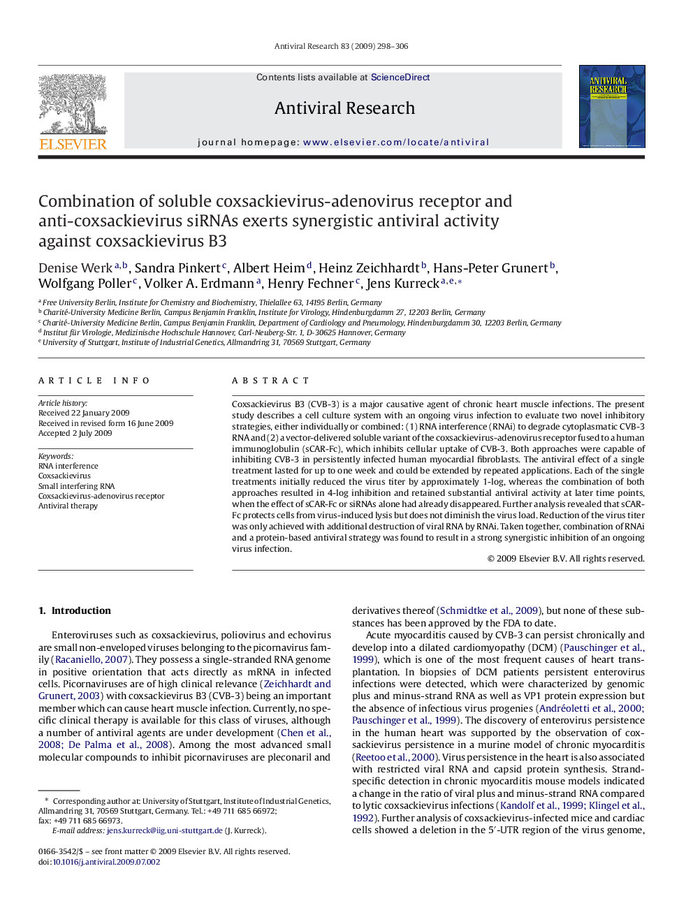 Combination of soluble coxsackievirus-adenovirus receptor and anti-coxsackievirus siRNAs exerts synergistic antiviral activity against coxsackievirus B3