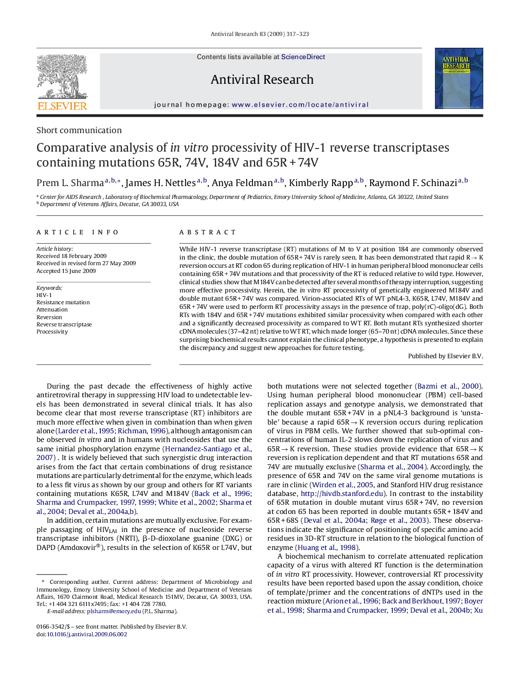 Comparative analysis of in vitro processivity of HIV-1 reverse transcriptases containing mutations 65R, 74V, 184V and 65R + 74V