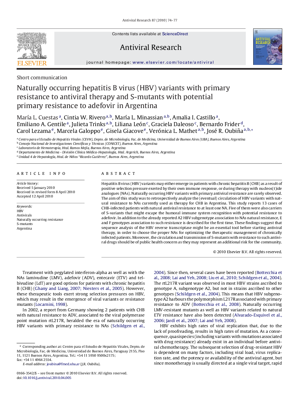 Naturally occurring hepatitis B virus (HBV) variants with primary resistance to antiviral therapy and S-mutants with potential primary resistance to adefovir in Argentina