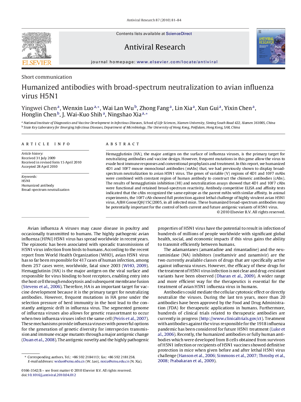 Humanized antibodies with broad-spectrum neutralization to avian influenza virus H5N1